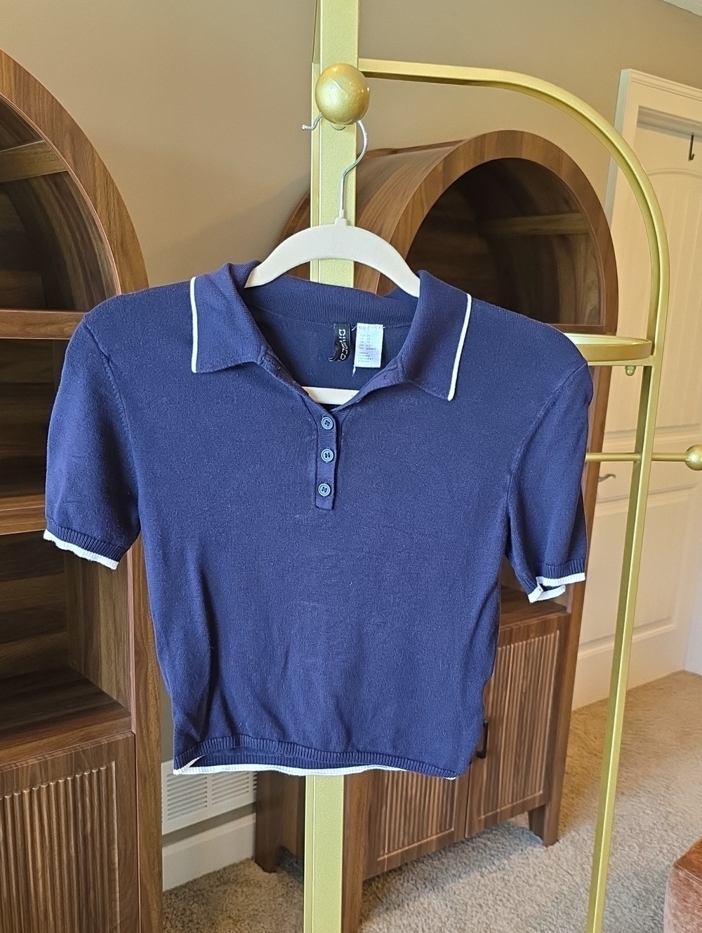 Divided Navy Blue Polo Button-Down Short Sleeve Top with White Trim